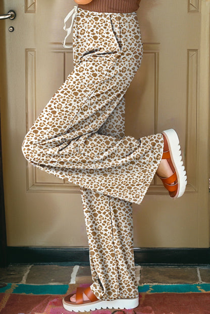Khaki Leopard Drawstring Elastic Waistband Loose Pants