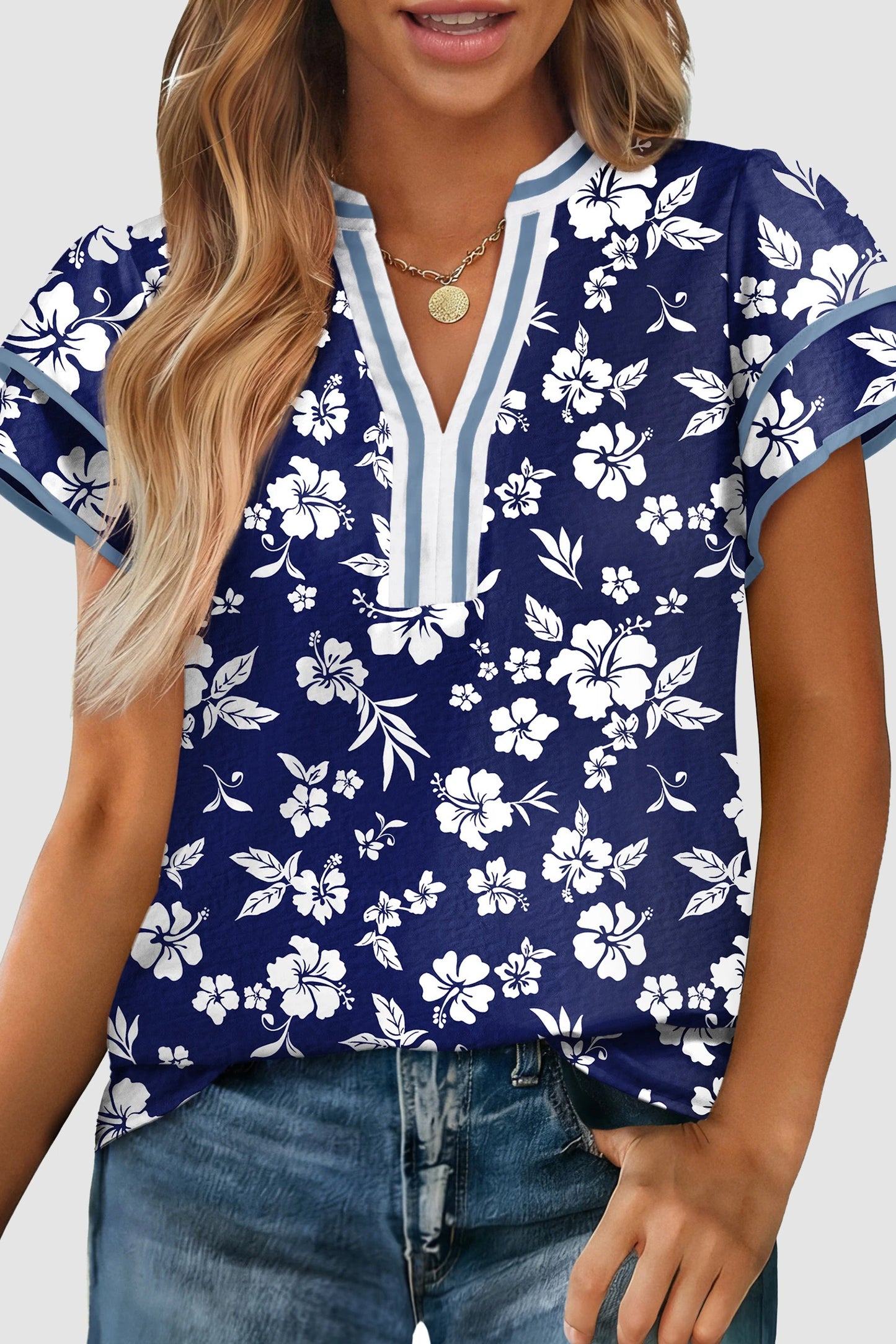 Floral Print Contrast Trim Split Neck Double Ruffle Short Sleeve Blouse