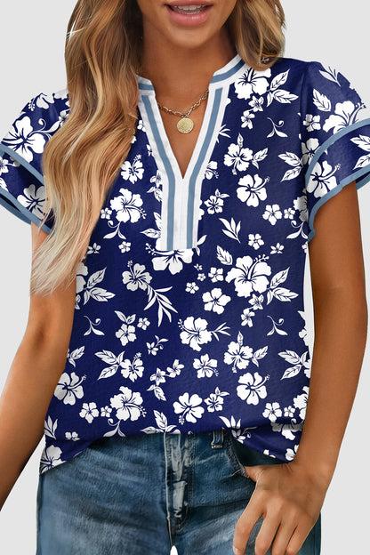 Floral Print Contrast Trim Split Neck Double Ruffle Short Sleeve Blouse