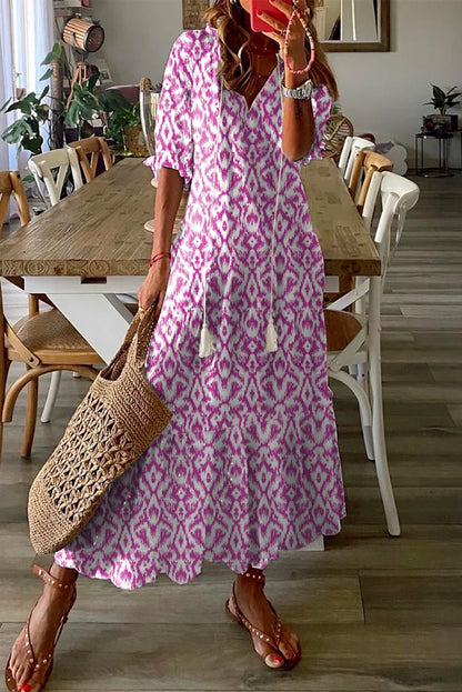 V Neck Casual Geometric Print Maxi Dress