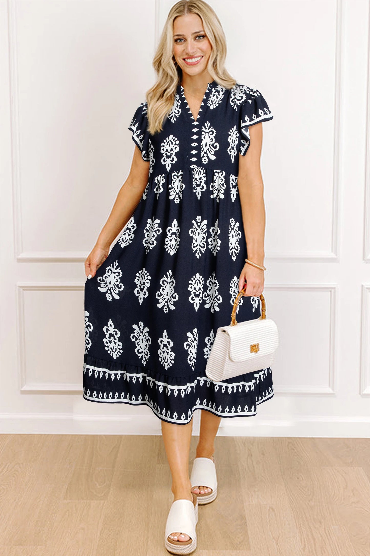 Blue Western Ethnic Print Notched Neck Short Sleeve Midi Dress