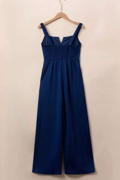 Blue Notched Neck Smocked Back Wide Leg Sleeveless Jumpsuit