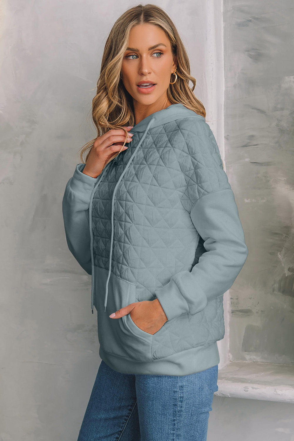 Drop Shoulder Quilted Patchwork Kangaroo Pocket Hoodie