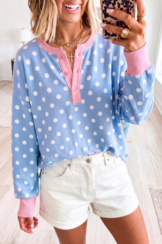 Sky Blue Polka Dot Print Ribbed Color Block Trim Half Button Long Sleeve Shift Top