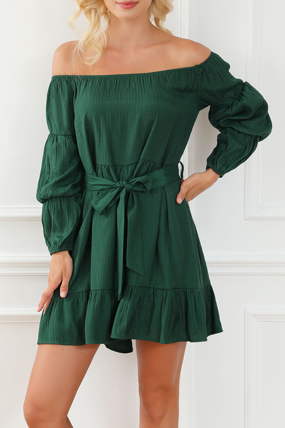 Green Off-Shoulder Tiered Bubble Sleeve Ruffled Dress - The Perfect Touch SA