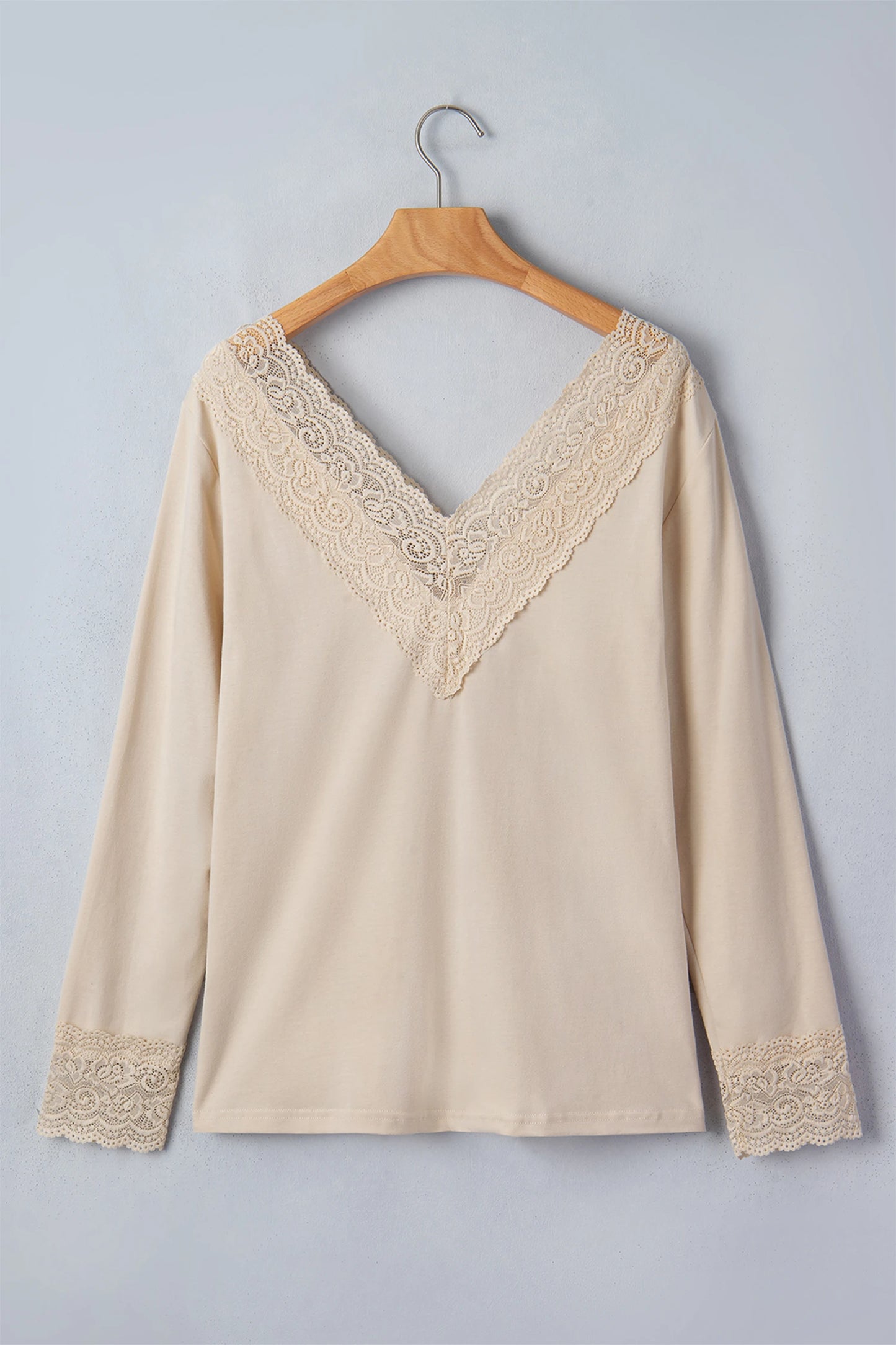 Apricot Lace Splicing V Neck Long Sleeve Top