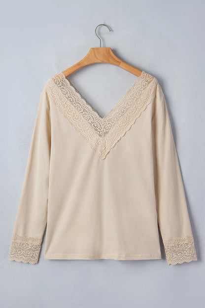 Apricot Lace Splicing V Neck Long Sleeve Top