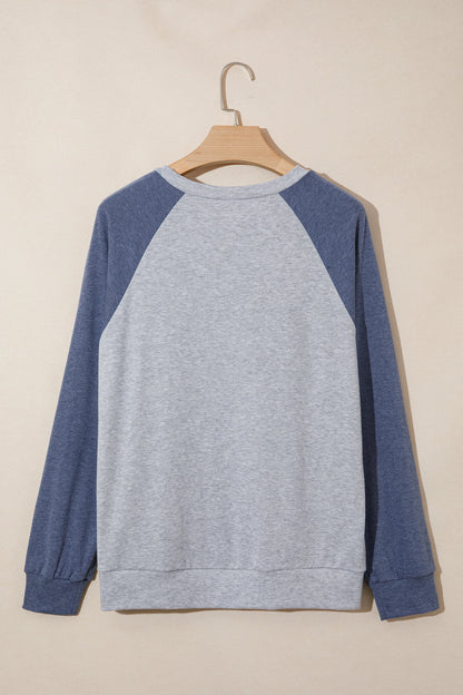 Dark Blue Color Block Flower Embroidered Patch Graphic Raglan Long Sleeve Top