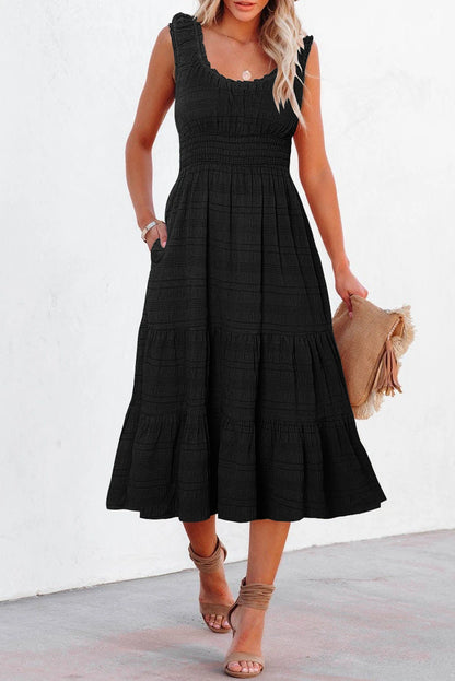 Shirred Pleated Square Neck Sleeveless Midi Dress