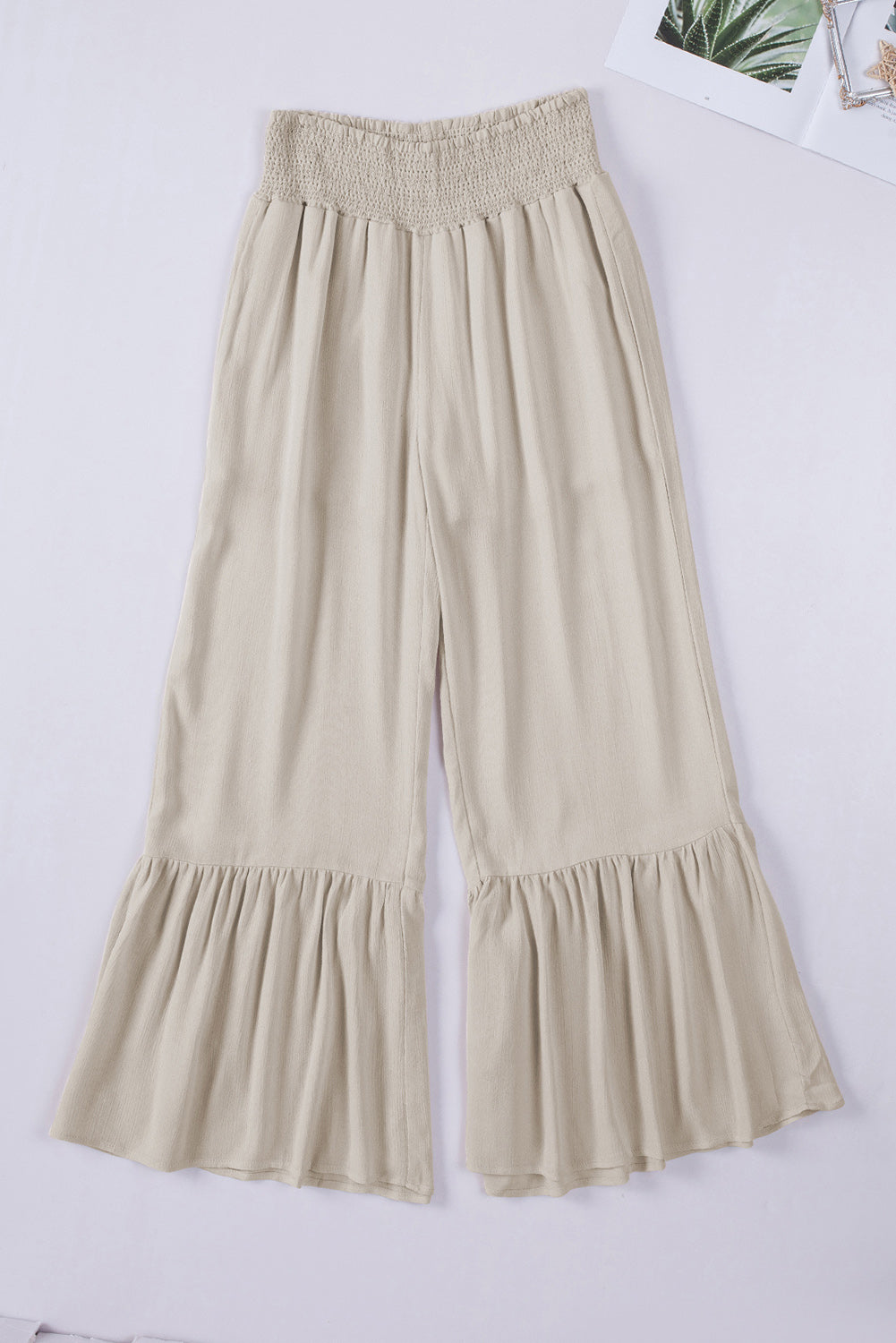 Khaki Smocked High Waist Ruffled Wide Leg Pants