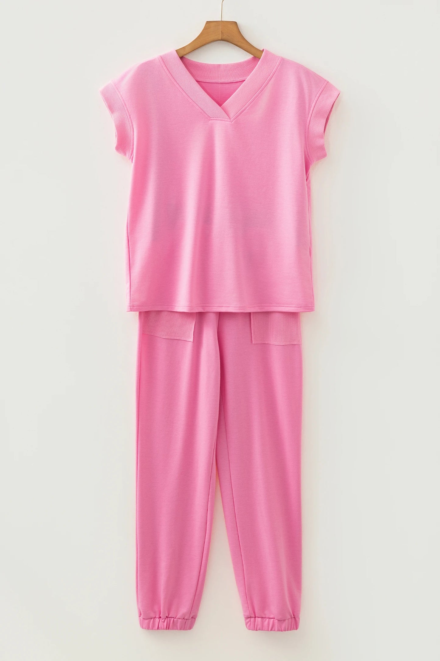 Solid Color V Neck Tee Drawstring Pant Set