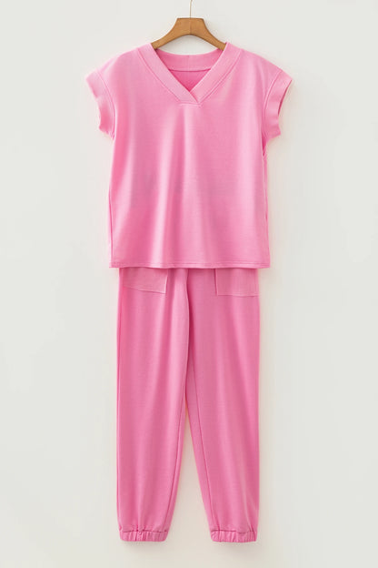 Solid Color V Neck Tee Drawstring Pant Set