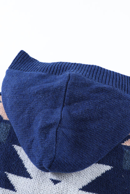 Blue Retro Jacquard Pattern Buttoned Front Hooded Sweater