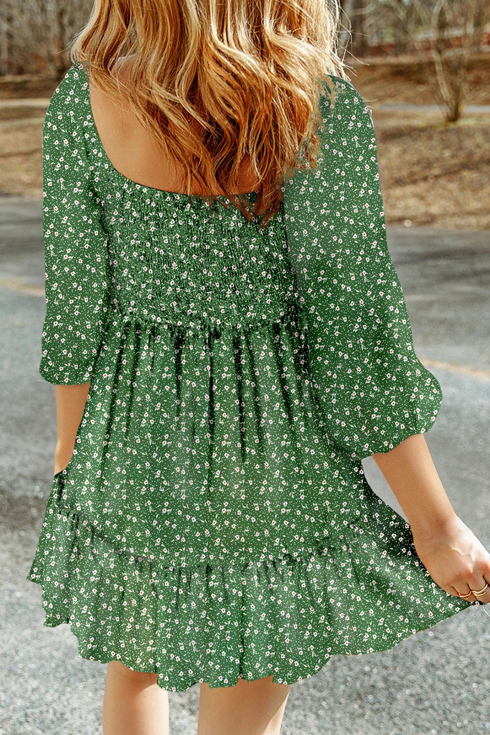 Floral 3/4 Sleeve Square Neck Smocked Mini Dress