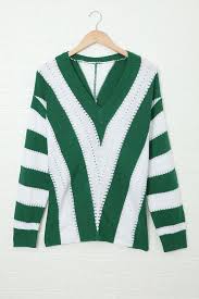 Striped Colorblock V Neck Knitted Sweater