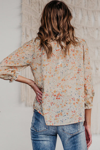 FLORAL PRINT LACE UP V NECK BUTTONED SHIRT