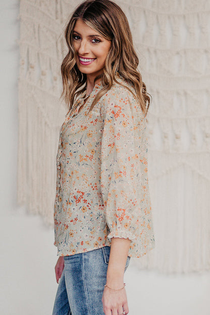 FLORAL PRINT LACE UP V NECK BUTTONED SHIRT