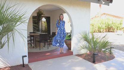 Blue Wild Floral Print Frilled Collar Half Sleeve Long Dress