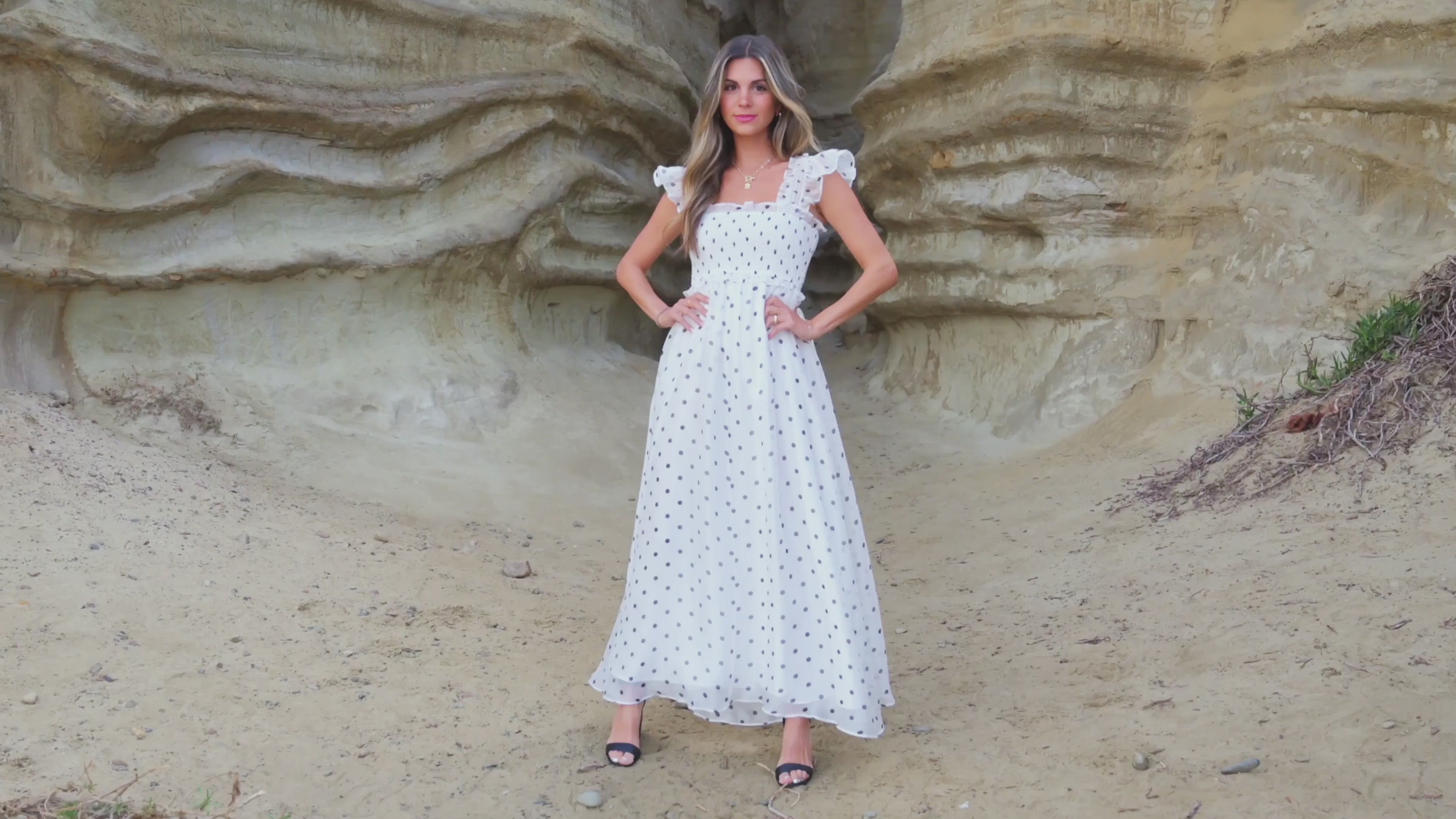 White Polka Dot Flutter Sleeve Square Neck Smocked Maxi Dress