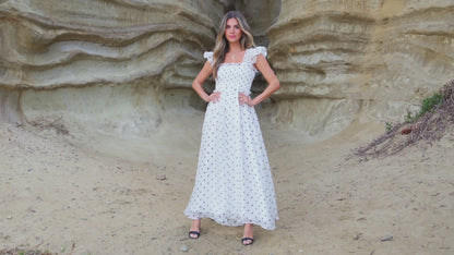 White Polka Dot Flutter Sleeve Square Neck Smocked Maxi Dress