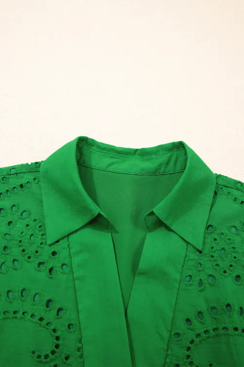 Green Solid Color Eyelet Embroidered T Shirt Mini Dress