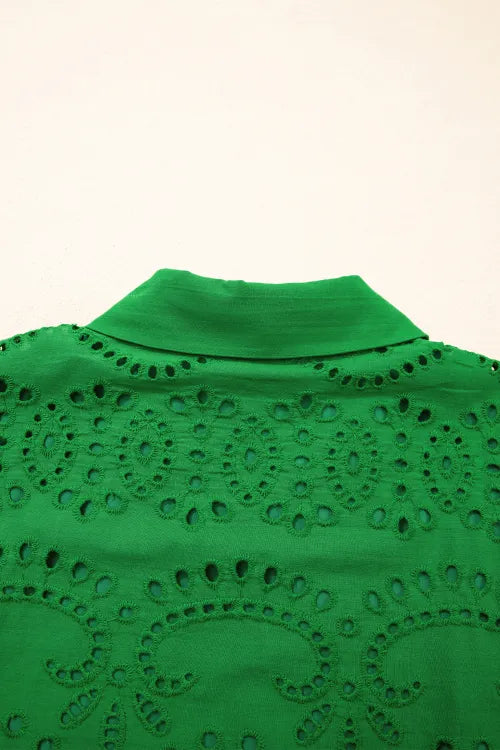 Green Solid Color Eyelet Embroidered T Shirt Mini Dress