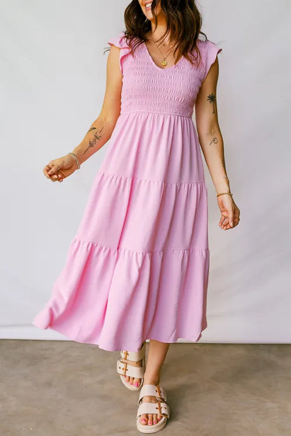 Pink Smocked Bodice Flutter Sleeve Fit Flare Tiered Midi Dress