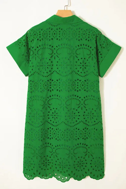 Green Solid Color Eyelet Embroidered T Shirt Mini Dress
