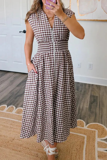 Coffee Plaid Print Full Zipper Cinched Waist Fit Flare Sleeveless Maxi Dress