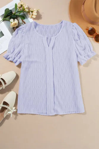 Lilac Solid Color Textured Notched Neck Puff Sleeve Blouse