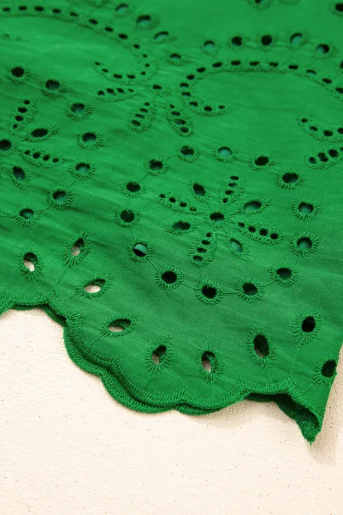 Green Solid Color Eyelet Embroidered T Shirt Mini Dress