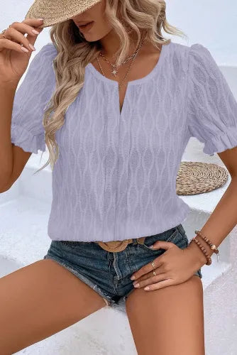 Lilac Solid Color Textured Notched Neck Puff Sleeve Blouse