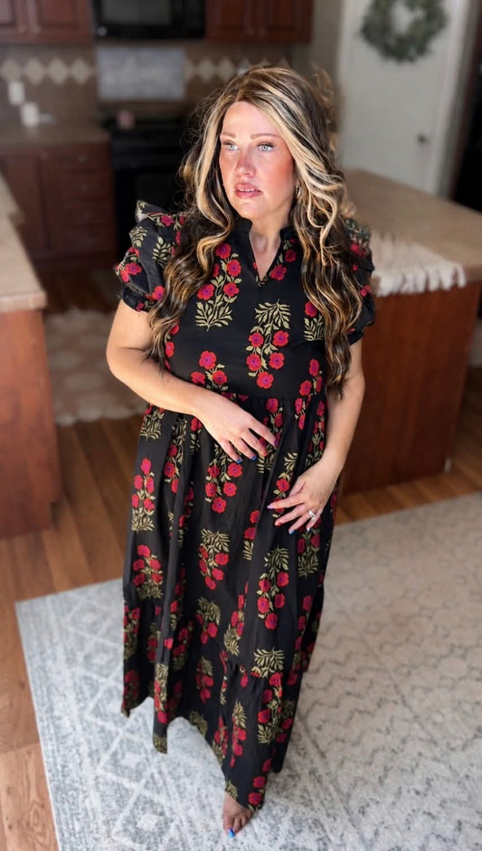 Black Floral Short Bubble Sleeve Tiered Maxi Dress