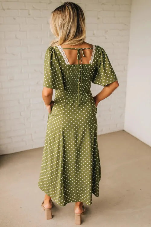 Green Polka Dot Print Lacy Neckline Smocked High Waist Maxi Dress