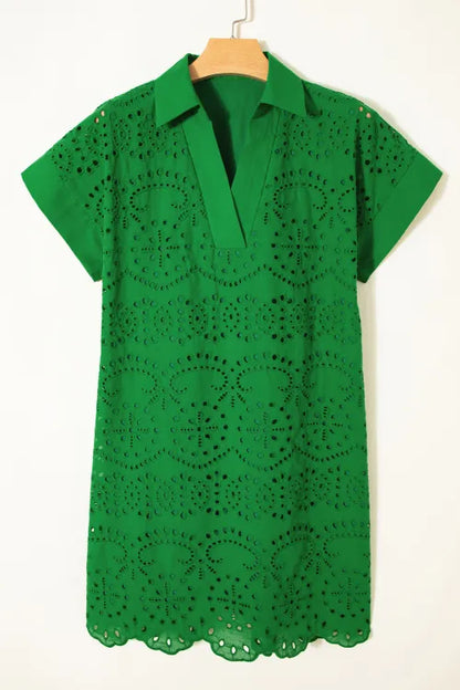 Green Solid Color Eyelet Embroidered T Shirt Mini Dress