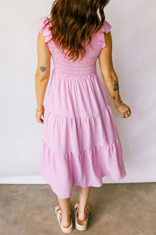 Pink Smocked Bodice Flutter Sleeve Fit Flare Tiered Midi Dress