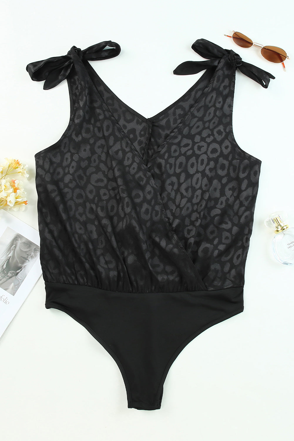 Black Satin Leopard Print Tie Shoulder V Neck Bodysuit