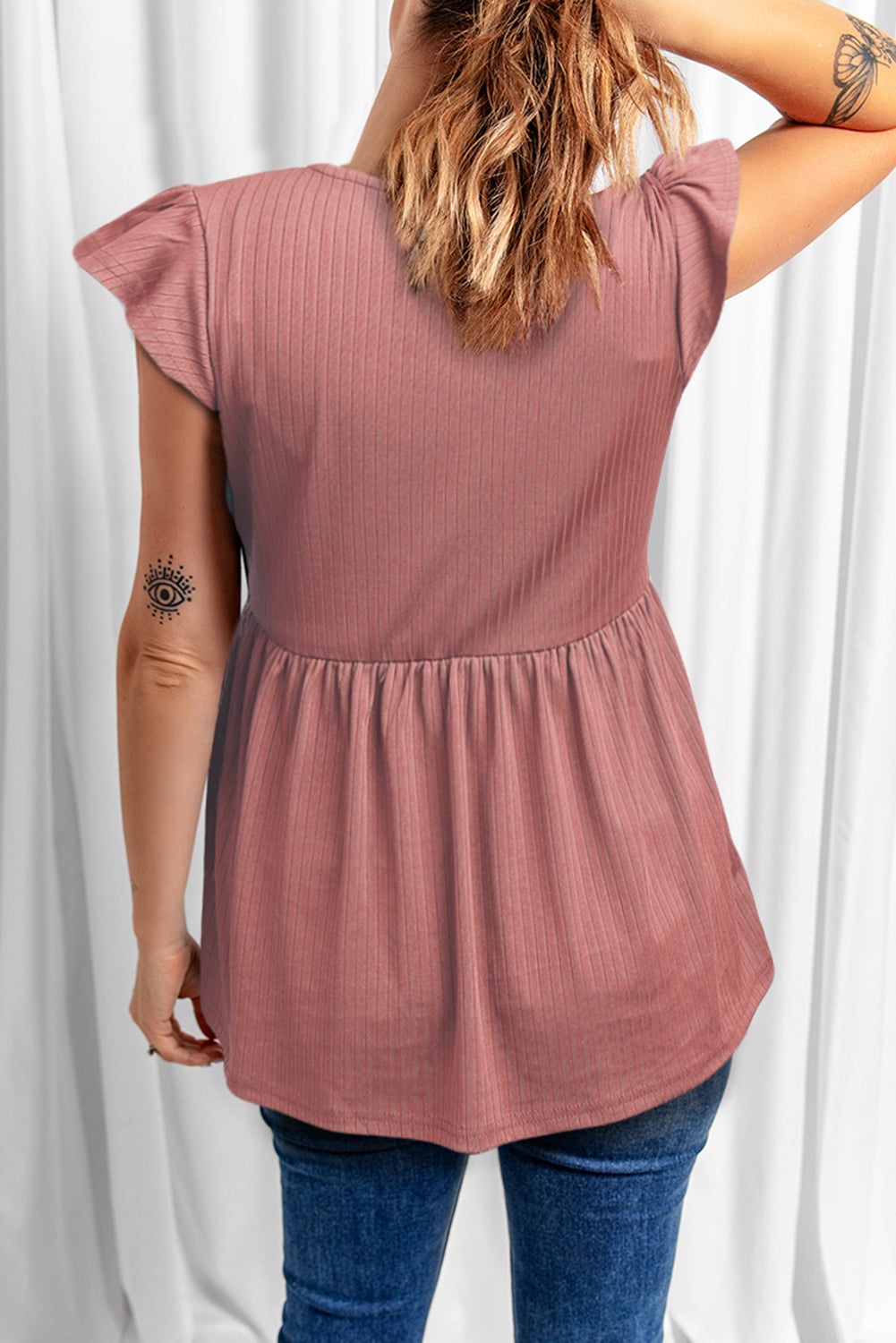 Pink Ribbed Flounce Sleeve V Neck Babydoll Top