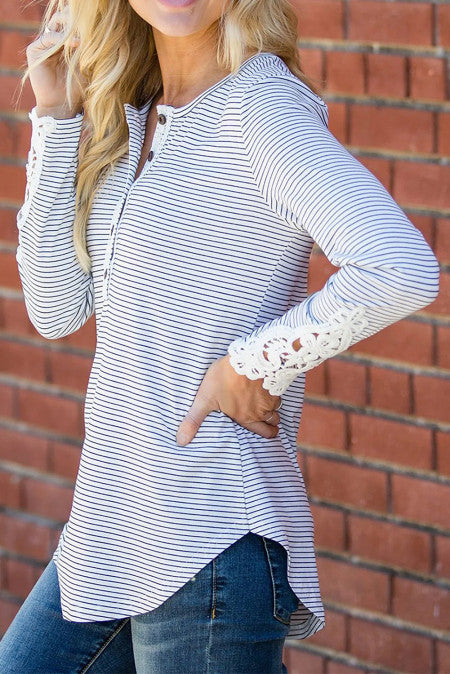 Round Neck Lace-cut Stripe Long Sleeve Top