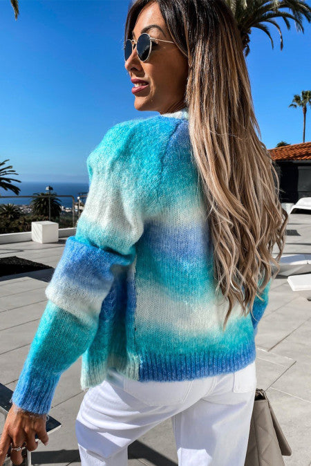 Blue Gradient Open Front Colorblock Tie-dye Cardigan
