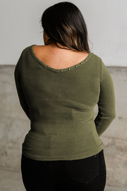 Green Studded Eyelet Neckline Ribbed Knit Long Sleeve Top