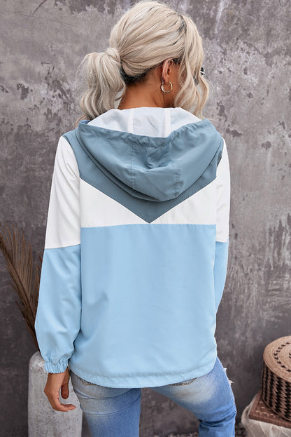 Blue Color Block Zipper Long Sleeve Hoodie with Pocket