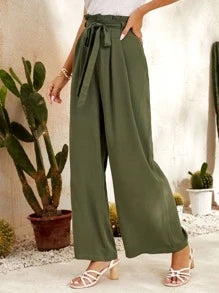 Green Casual High Rise Paperbag Waist Wide Leg Pants