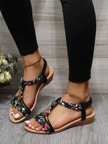 Black Flower Decor Braided Design Ankle Strap Sandals