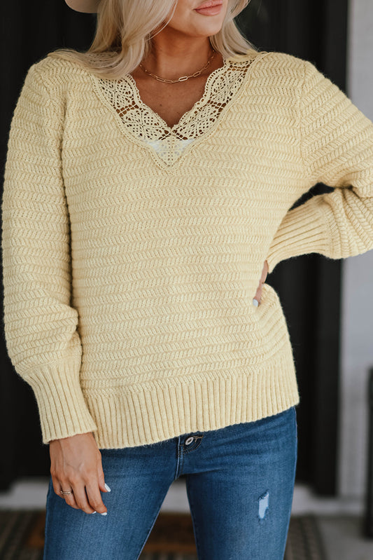 Lace Scalloped V-Neck Side Split Loose Sweater