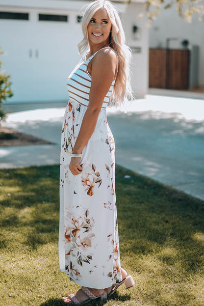 White Striped Floral Print Sleeveless Maxi Dress with Pocket