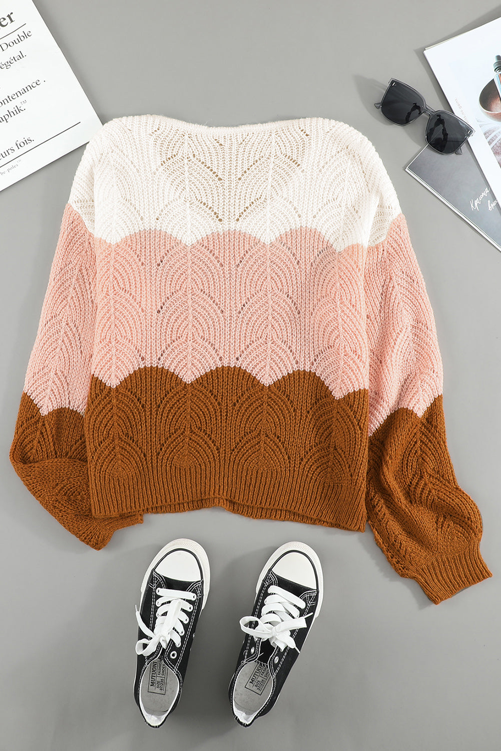 Puff Sleeve Color Block Pointelle Sweater