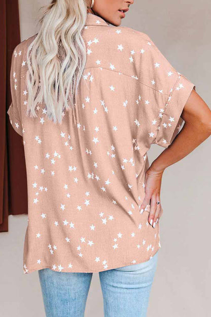 Pink Stars Print Cuffed Sleeves Shirt