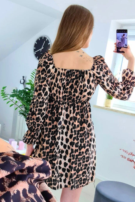 Leopard Print Puff Sleeve Knot Mini Dress