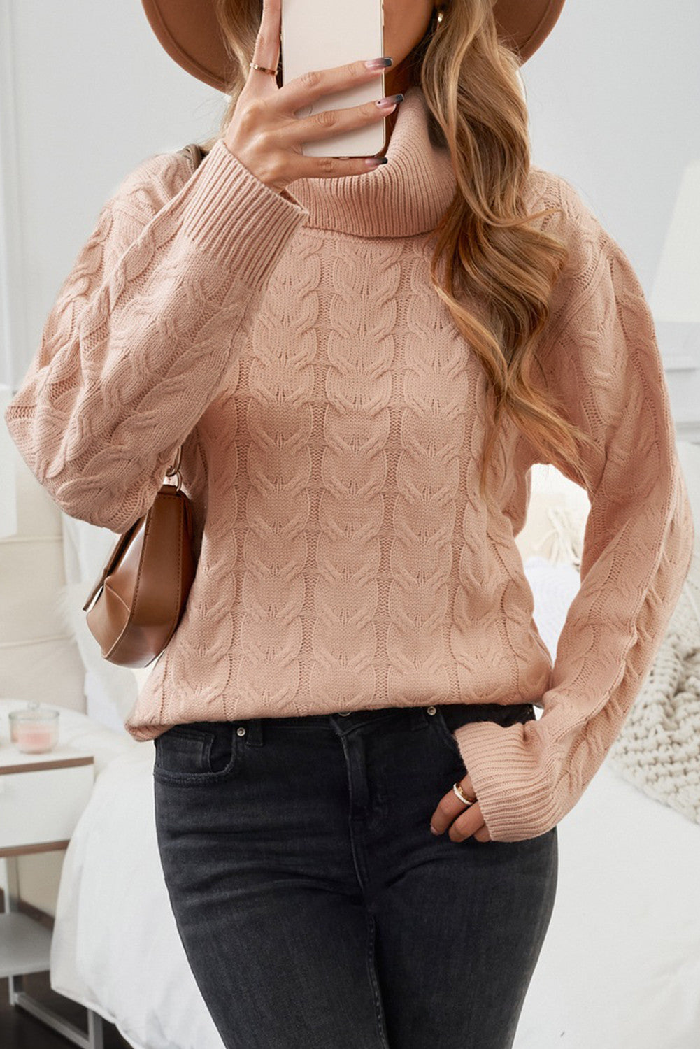 Khaki Turtleneck Long Sleeve Braided Knitted Sweater